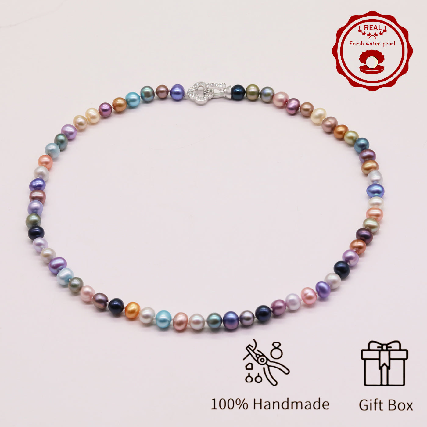 Natural Multicolor Freshwater Pearl Necklace Handmade 18.1Inch Length 7-8Mm Natural Freshwater Pearl Necklace with Flower Clasp Genuine Freshwater Pearl Necklace Comes with Gift Box - Perfect for Daily, Party, Wedding, Valentine'S Day and Christmas