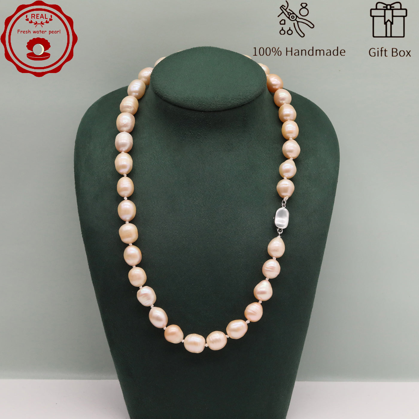 Elegant 17.5" Pink Freshwater Pearl Necklace - Handcrafted, 10mm Beads with Gift Box - Perfect for Casual Attire & Special Occasions【XL-2411PInk-001】