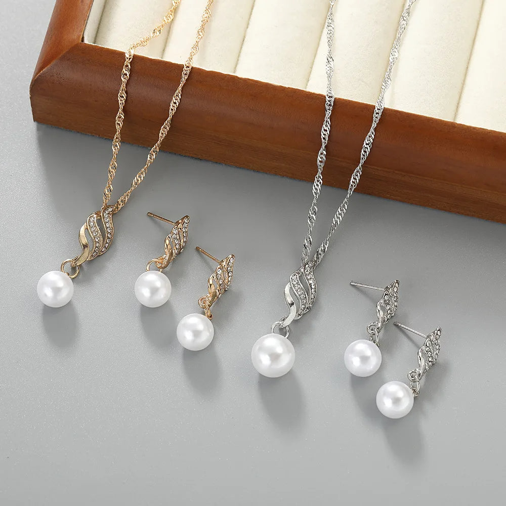 Promotional pearl and cz stone necklace and earrings gold or silver finish