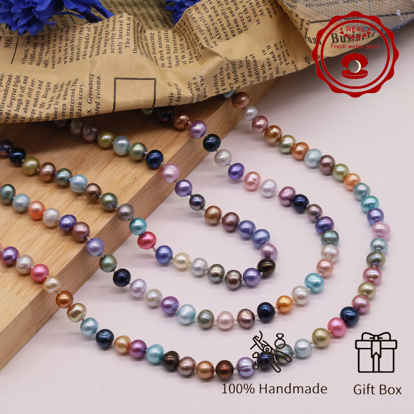 Natural Multicolor Freshwater Pearl Necklace Handmade 18.1Inch Length 7-8Mm Natural Freshwater Pearl Necklace with Flower Clasp Genuine Freshwater Pearl Necklace Comes with Gift Box - Perfect for Daily, Party, Wedding, Valentine'S Day and Christmas
