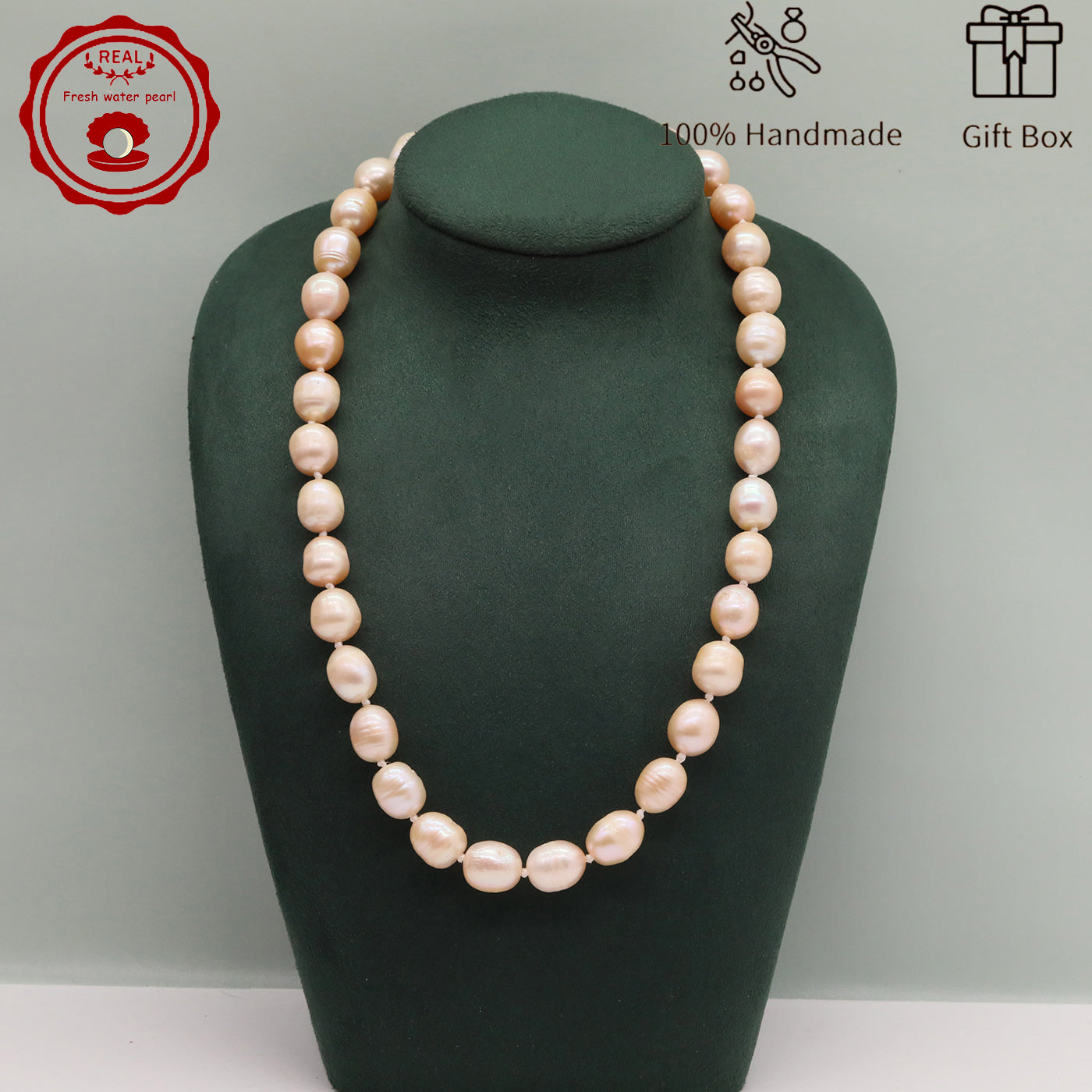 Elegant 17.5" Pink Freshwater Pearl Necklace - Handcrafted, 10mm Beads with Gift Box - Perfect for Casual Attire & Special Occasions【XL-2411PInk-001】