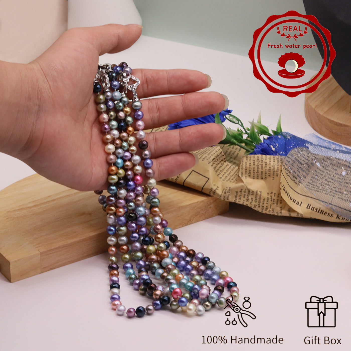 Natural Multicolor Freshwater Pearl Necklace Handmade 18.1Inch Length 7-8Mm Natural Freshwater Pearl Necklace with Flower Clasp Genuine Freshwater Pearl Necklace Comes with Gift Box - Perfect for Daily, Party, Wedding, Valentine'S Day and Christmas