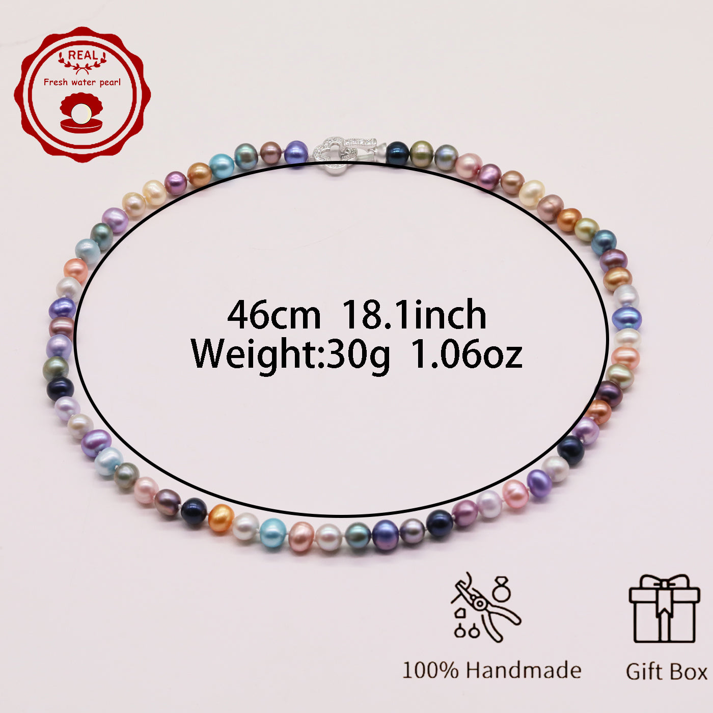 Natural Multicolor Freshwater Pearl Necklace Handmade 18.1Inch Length 7-8Mm Natural Freshwater Pearl Necklace with Flower Clasp Genuine Freshwater Pearl Necklace Comes with Gift Box - Perfect for Daily, Party, Wedding, Valentine'S Day and Christmas