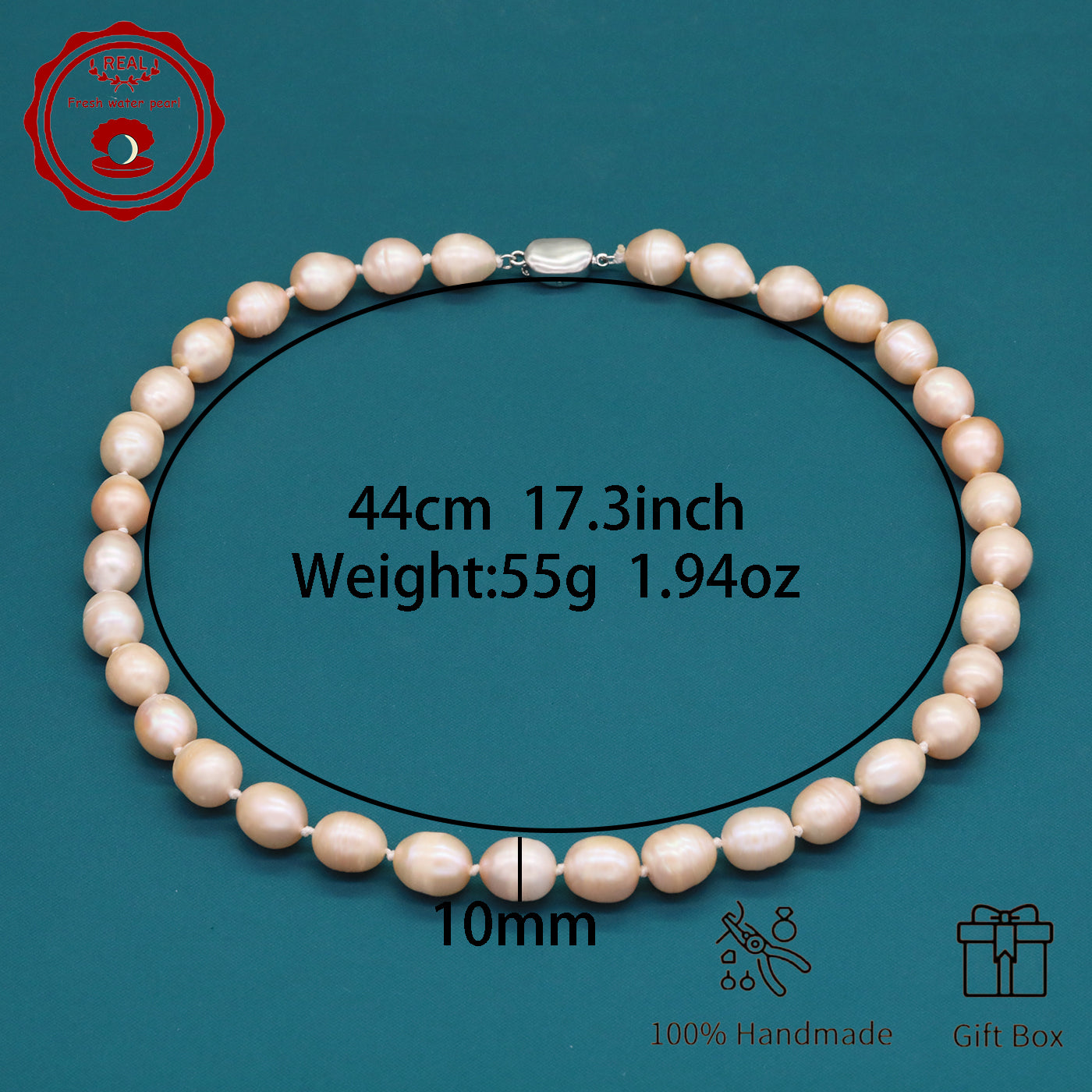 Elegant 17.5" Pink Freshwater Pearl Necklace - Handcrafted, 10mm Beads with Gift Box - Perfect for Casual Attire & Special Occasions【XL-2411PInk-001】