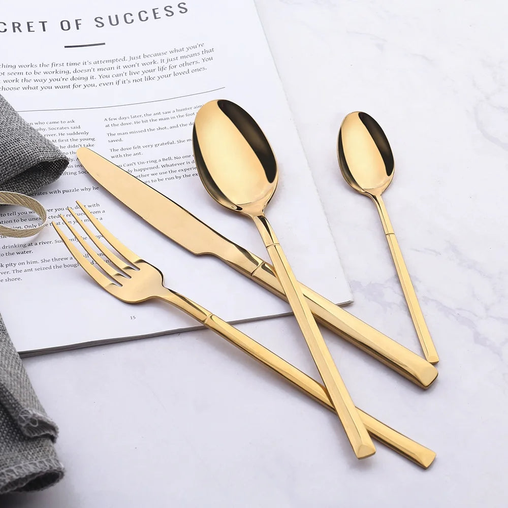 QUALITY HIGHLY POLISHED STAINLESS STEEL AND GOLD BONDED FLATWARE GIFT BOXED