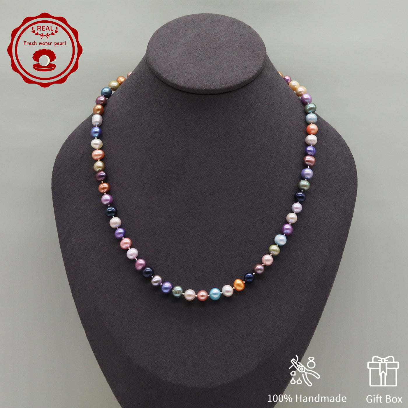Natural Multicolor Freshwater Pearl Necklace Handmade 18.1Inch Length 7-8Mm Natural Freshwater Pearl Necklace with Flower Clasp Genuine Freshwater Pearl Necklace Comes with Gift Box - Perfect for Daily, Party, Wedding, Valentine'S Day and Christmas