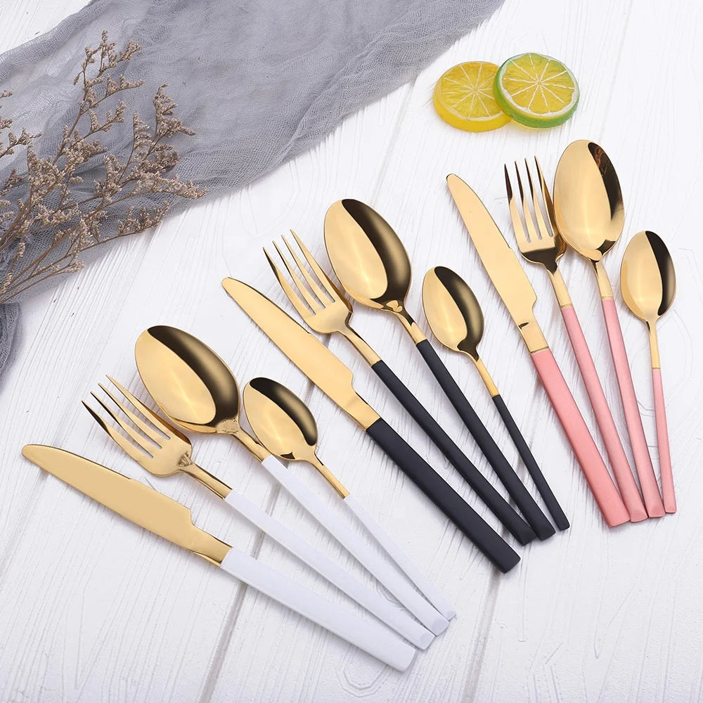 QUALITY HIGHLY POLISHED STAINLESS STEEL AND GOLD BONDED FLATWARE GIFT BOXED