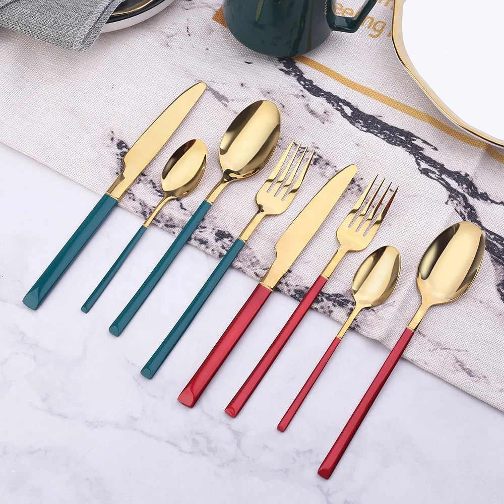 QUALITY HIGHLY POLISHED STAINLESS STEEL AND GOLD BONDED FLATWARE GIFT BOXED
