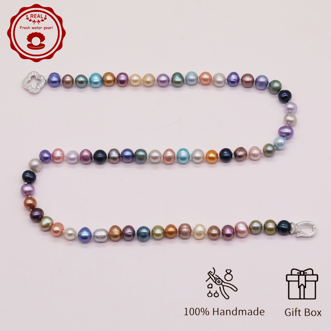 Natural Multicolor Freshwater Pearl Necklace Handmade 18.1Inch Length 7-8Mm Natural Freshwater Pearl Necklace with Flower Clasp Genuine Freshwater Pearl Necklace Comes with Gift Box - Perfect for Daily, Party, Wedding, Valentine'S Day and Christmas