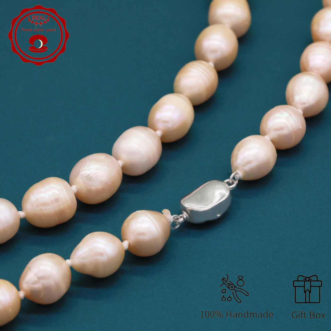 Elegant 17.5" Pink Freshwater Pearl Necklace - Handcrafted, 10mm Beads with Gift Box - Perfect for Casual Attire & Special Occasions【XL-2411PInk-001】