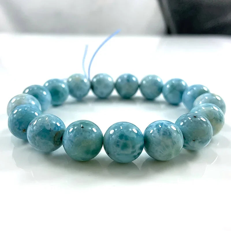 Natural Larimar Stone Beads Women Men Bracelet Round Blue