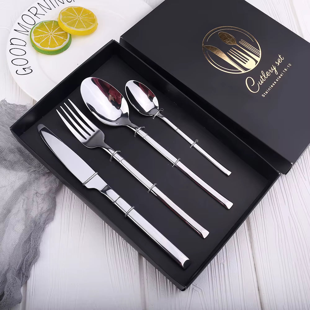 QUALITY HIGHLY POLISHED STAINLESS STEEL AND GOLD BONDED FLATWARE GIFT BOXED