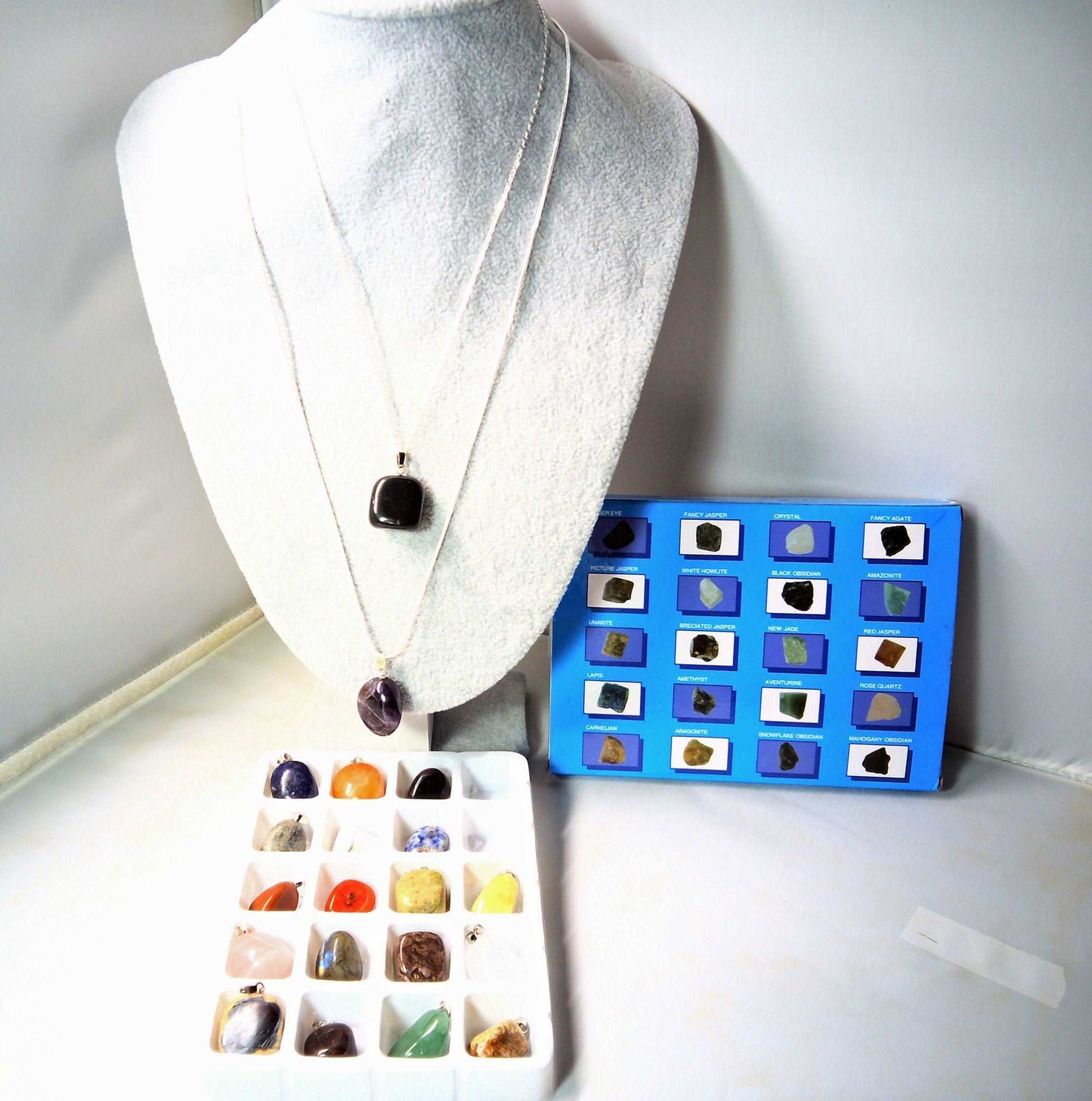 semi-precious stones plus 2 sterling silver neck chain sizes 18 and 24 inch complete set one low price - Providence silver gold jewelry usa