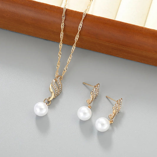 Promotional pearl and cz stone necklace and earrings gold or silver finish