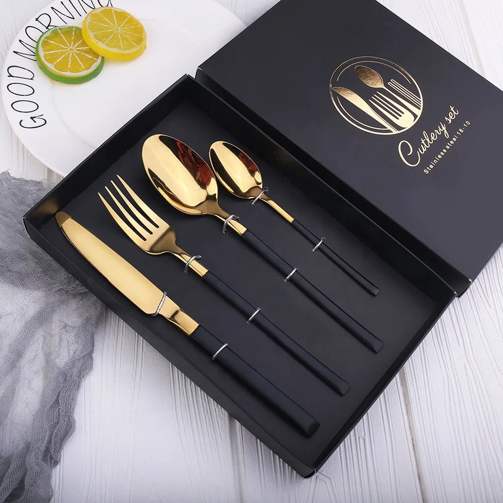 QUALITY HIGHLY POLISHED STAINLESS STEEL AND GOLD BONDED FLATWARE GIFT BOXED