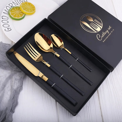 QUALITY HIGHLY POLISHED STAINLESS STEEL AND GOLD BONDED FLATWARE GIFT BOXED