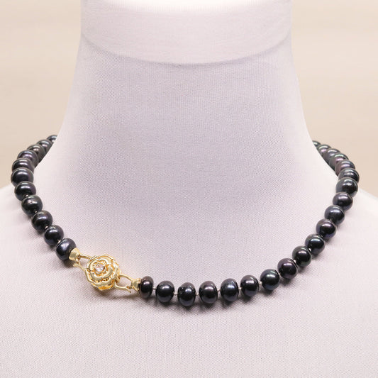 xl-2502black-01G #61 BLACK FRESHWATER PEARL NECKLACE WITH RHINESTONES CLASP