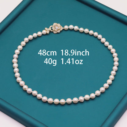 Elegant 7-8cm round real white natural pearl necklace with floral clasp and retractable chain - Ladies versatile fashion necklace for everyday wear and special occasions, ideal gift for  loved ones and mothers, with gift box[XL-2501White-01]