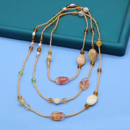 Bohemian style 51.2inch long Yellow stone with Freshwater Pearl Long necklace Handmade elegant long necklace ideal for Christmas and Valentine's Day gifts, suitable for everyday[XL-2412golden-01]