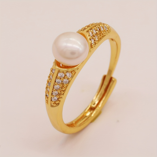 JZ-2502GOLDEN-01-K3 GOLD FINISHED RING WITH FRESHWATER PEARL AND RHINESTONES
