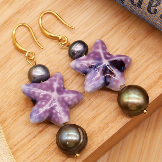 EH-2504PURPLE-02 EARRING STARFISH WITH FRESHWATER PEARL IN BOX