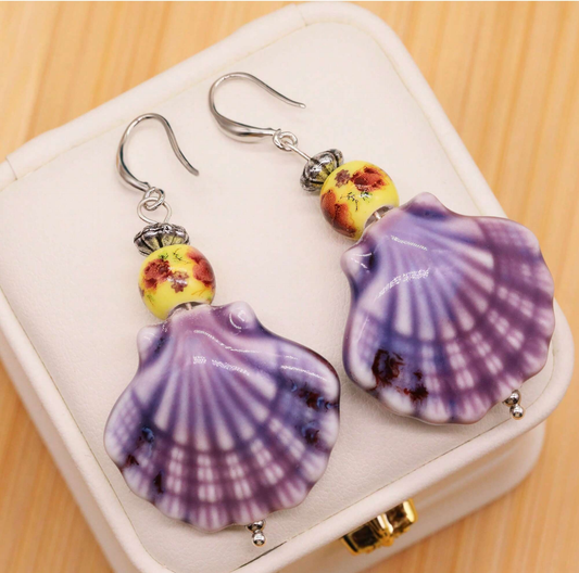 EH-2504PURPLE-03 SHELL AND FLORAL BEAD EARRING