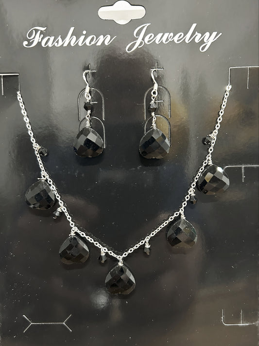 2503black-02 set Silver Necklace set with 925 earwires and Fauceted austrian crystal hearts